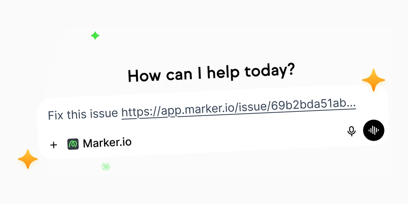 An AI assistant prompt that reads "Fix this issue" followed by a Marker.io issue link